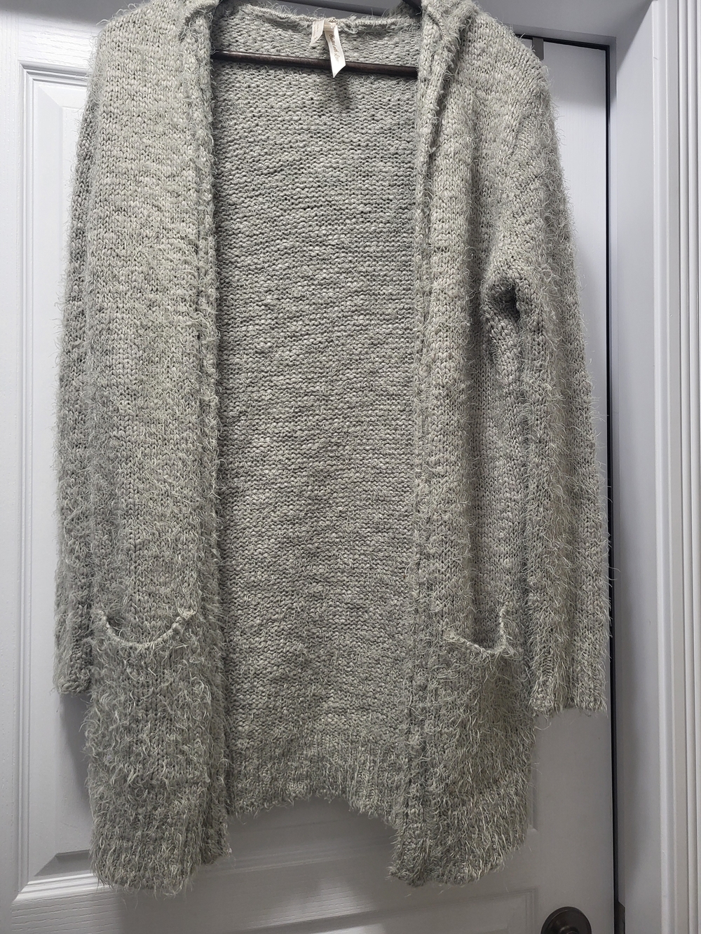 Ashley By 26 International Fuzzy Open-Front Cardigan in Light Gray